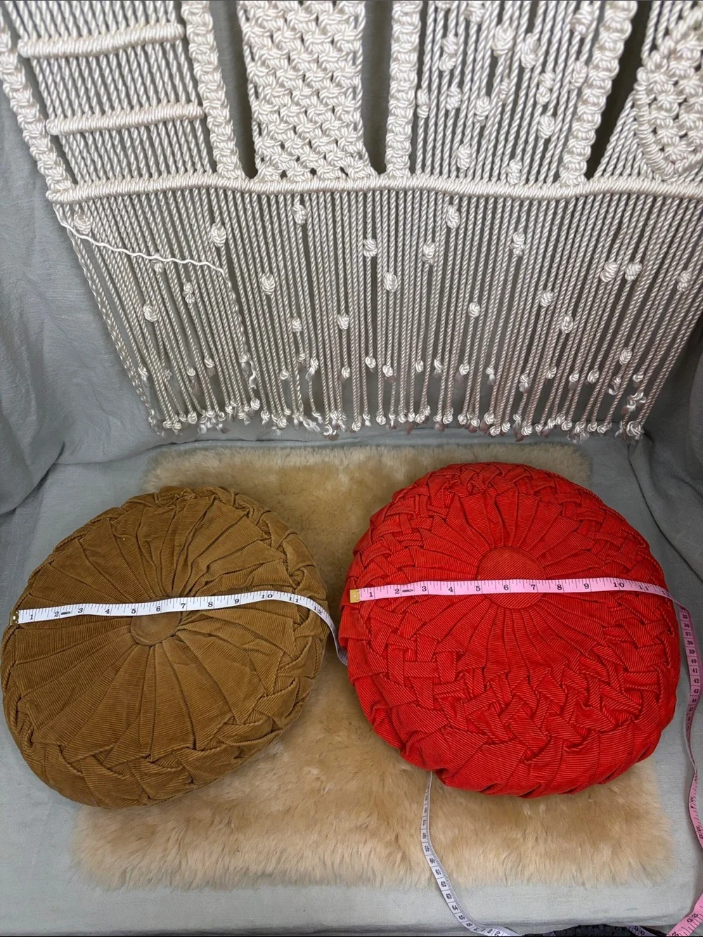 Vintage Round Pleated Corduroy Handmade Pillows - set of two | Tan & Orange